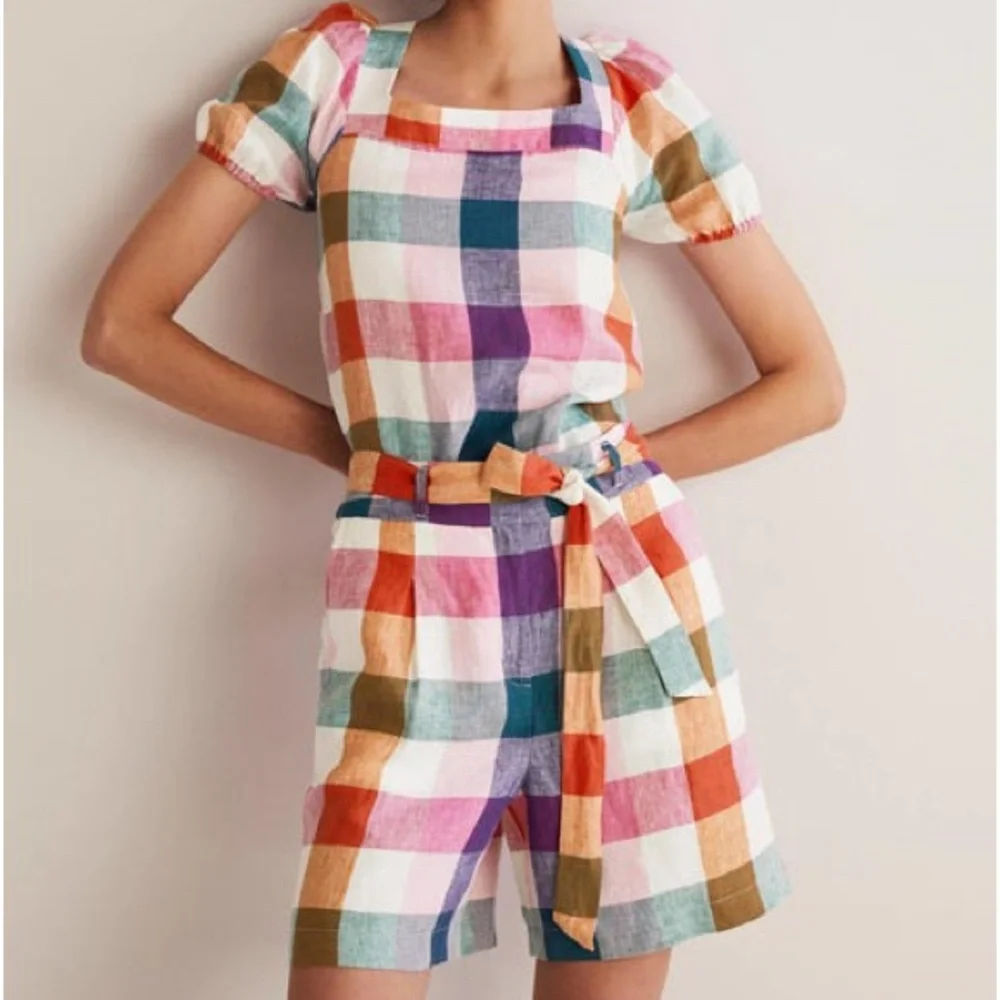 BODEN Alma Tie Waist Linen Shorts Bonbon Pink, Flambe Check. RARE Multicolor - Picture 5 of 12